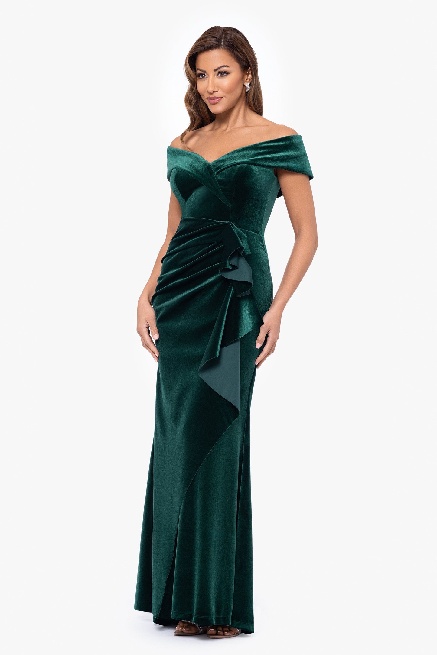 Petite "Alana" Long Off The Shoulder Velvet Ruffle Dress Hunter XSCAPE