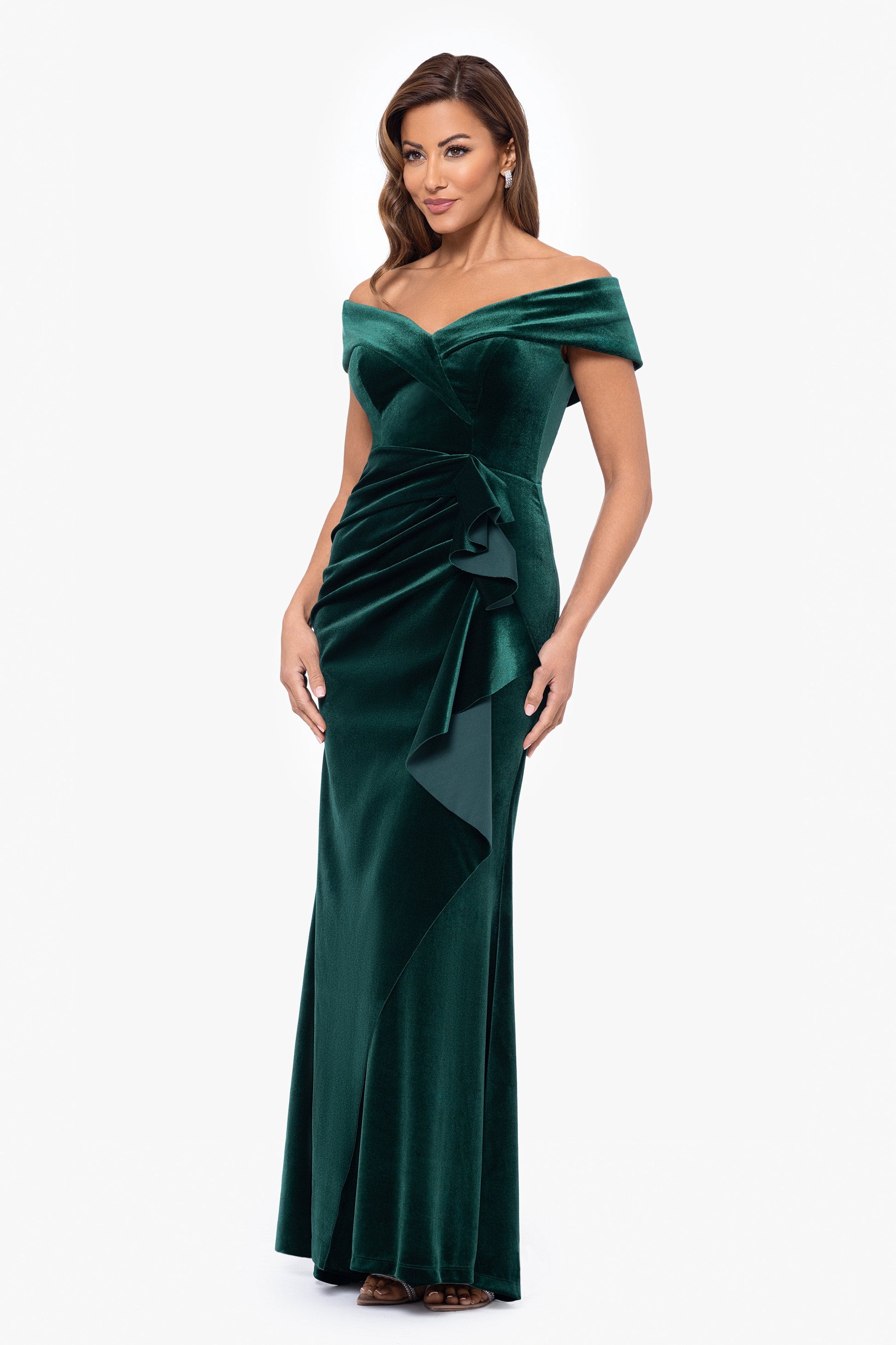 Petite "Alana" Long Off The Shoulder Velvet Ruffle Dress Hunter XSCAPE