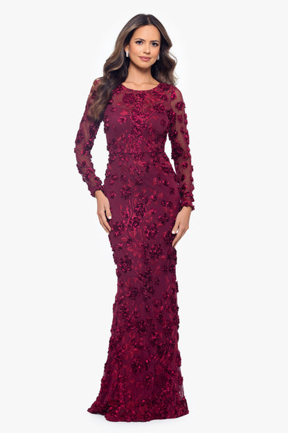 "Ruby" Raised Flowers Long Sleeve Dress Garnet XSCAPE