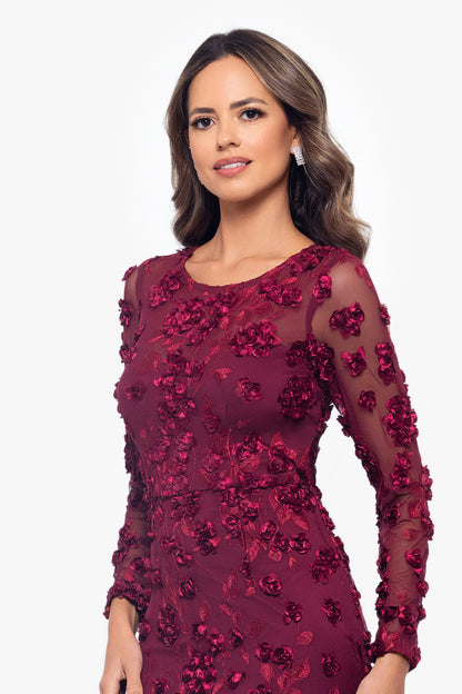 "Ruby" Raised Flowers Long Sleeve Dress Garnet XSCAPE