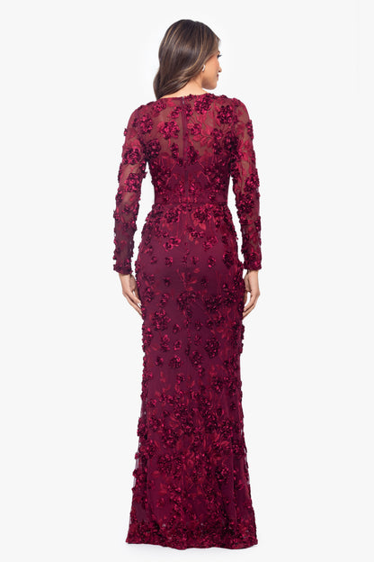 "Ruby" Raised Flowers Long Sleeve Dress Garnet XSCAPE