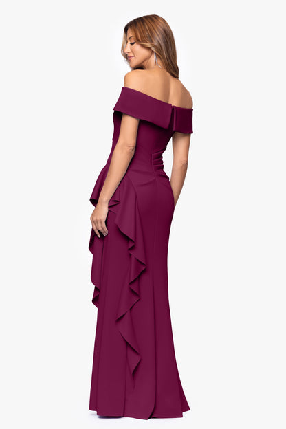 "Dolly" Techno Scuba Off the Shoulder Ruffle Dress Raisin XSCAPE