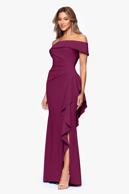 "Dolly" Techno Scuba Off the Shoulder Ruffle Dress Raisin XSCAPE
