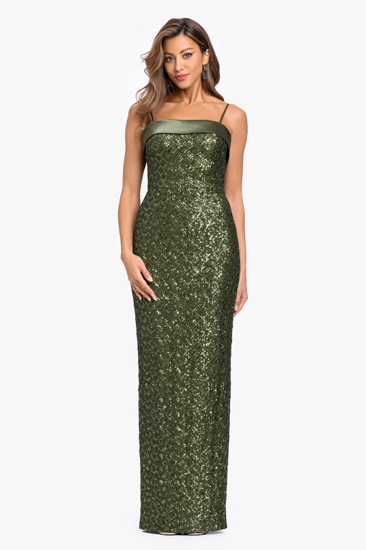 "Gloriana" Sequin Spaghetti Satin Combo Dress Olive XSCAPE