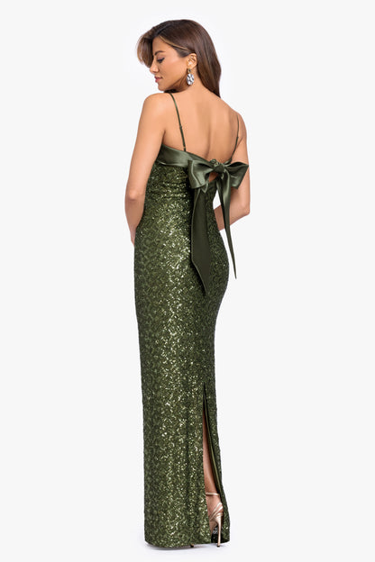 "Gloriana" Sequin Spaghetti Satin Combo Dress Olive XSCAPE