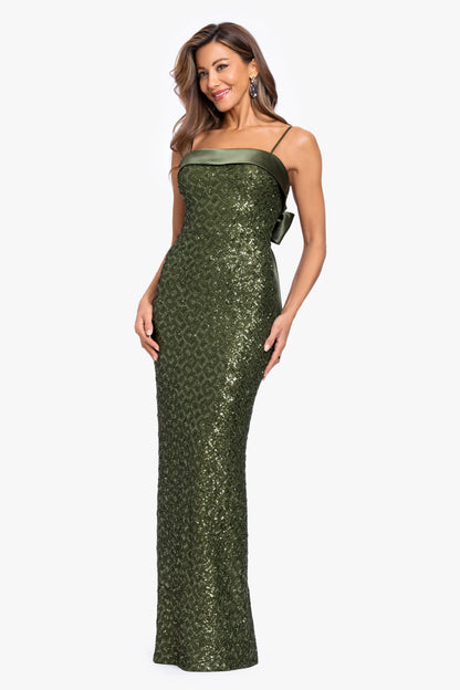 "Gloriana" Sequin Spaghetti Satin Combo Dress Olive XSCAPE