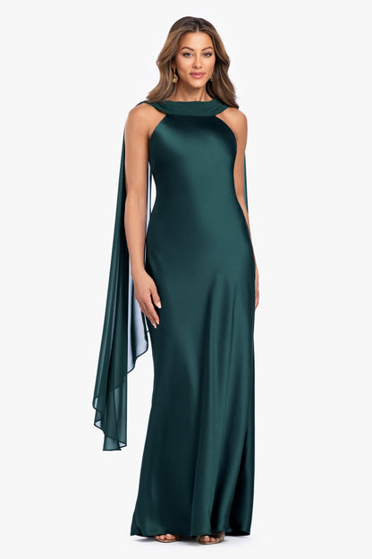 "Monica" Satin & Hammered Chiffon Scarf Dress Hunter XSCAPE