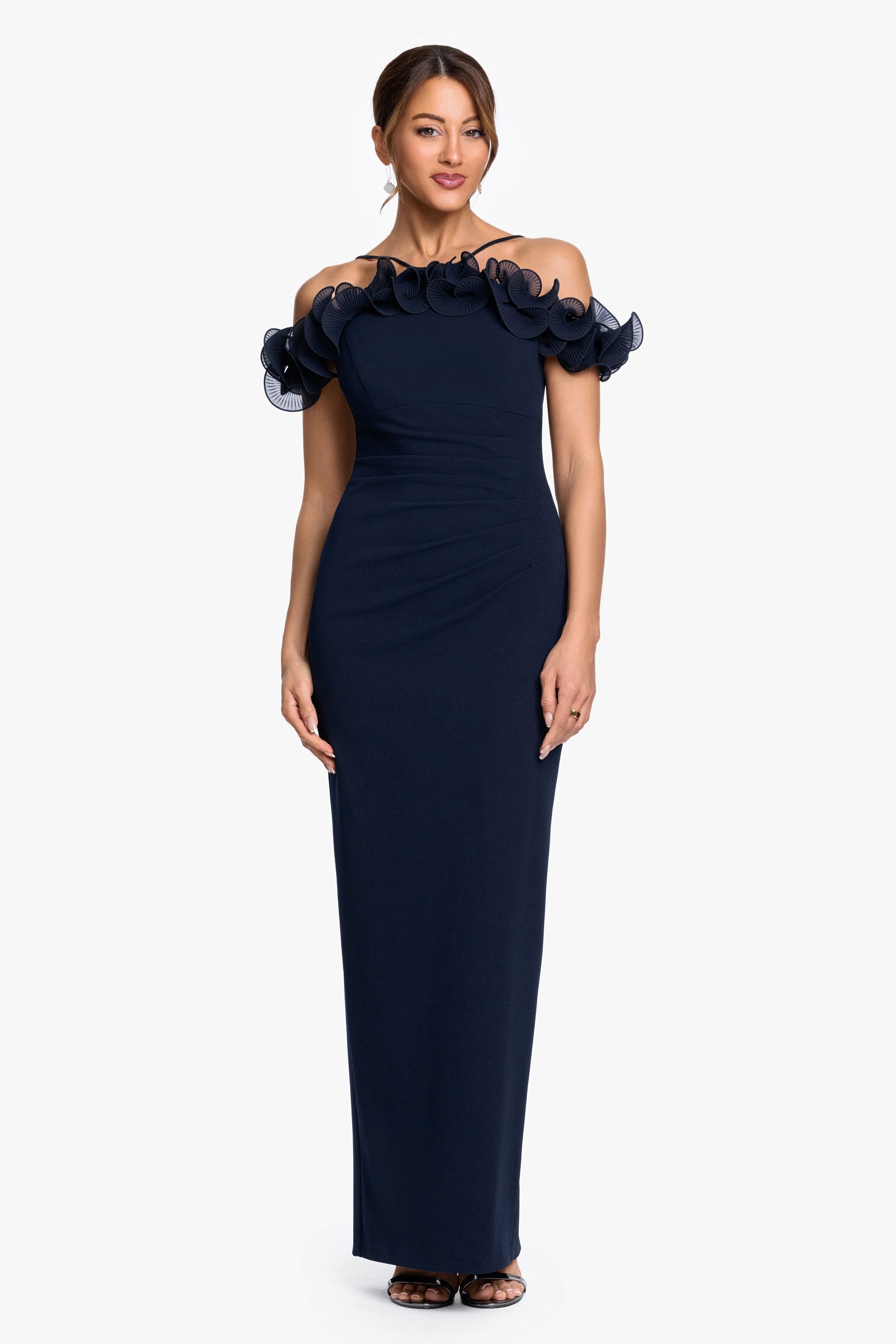 "Luna" Scuba Crepe & Chiffon Ruffle Dress Navy XSCAPE