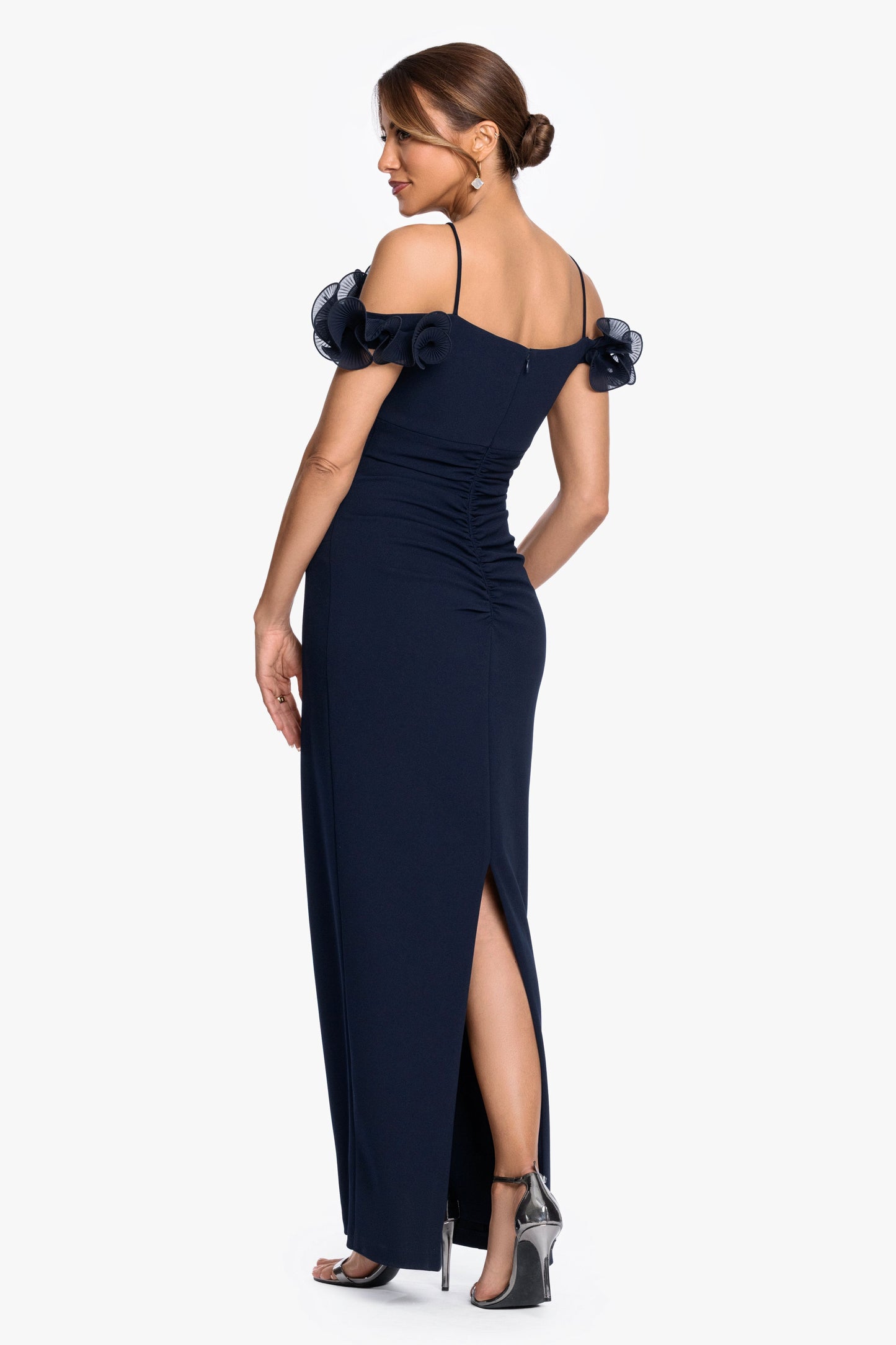 "Luna" Scuba Crepe & Chiffon Ruffle Dress Navy XSCAPE