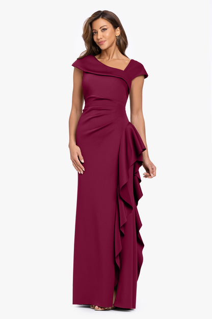 "Rory" Techno Scuba Asymmetrical Side Ruffle Dress Wine XSCAPE