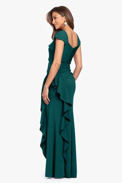 "Rory" Techno Scuba Asymmetrical Side Ruffle Dress Hunter XSCAPE