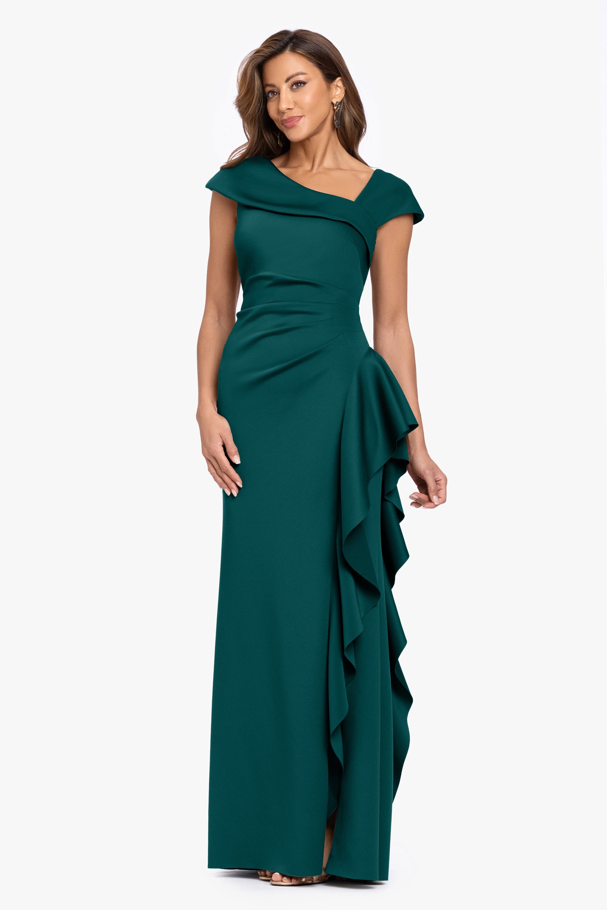 "Rory" Techno Scuba Asymmetrical Side Ruffle Dress Hunter XSCAPE