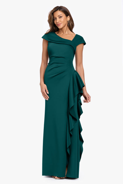 "Rory" Techno Scuba Asymmetrical Side Ruffle Dress Hunter XSCAPE