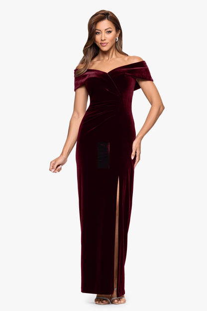 "Charmaine" Velvet Off The Shoulder Gown Burgundy XSCAPE