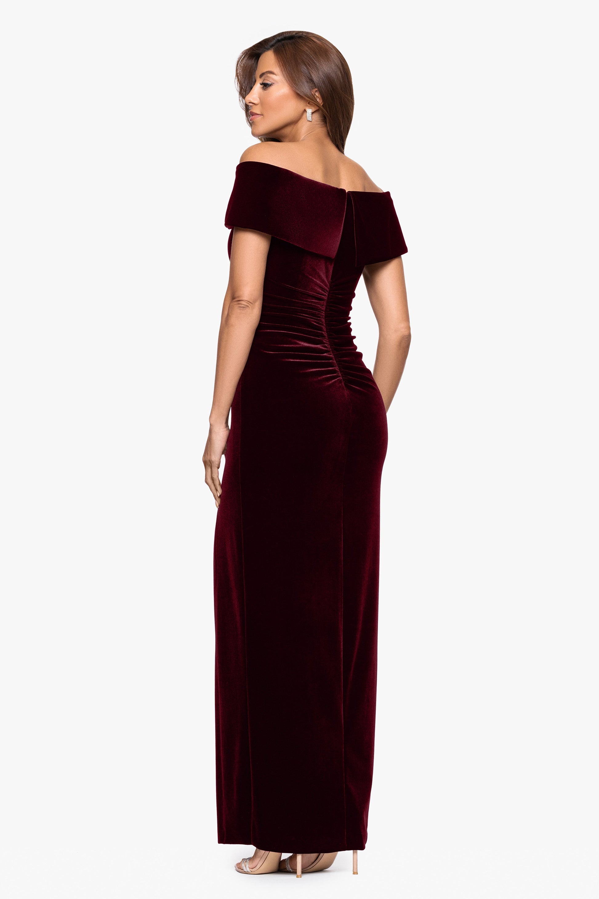"Charmaine" Velvet Off The Shoulder Gown Burgundy XSCAPE