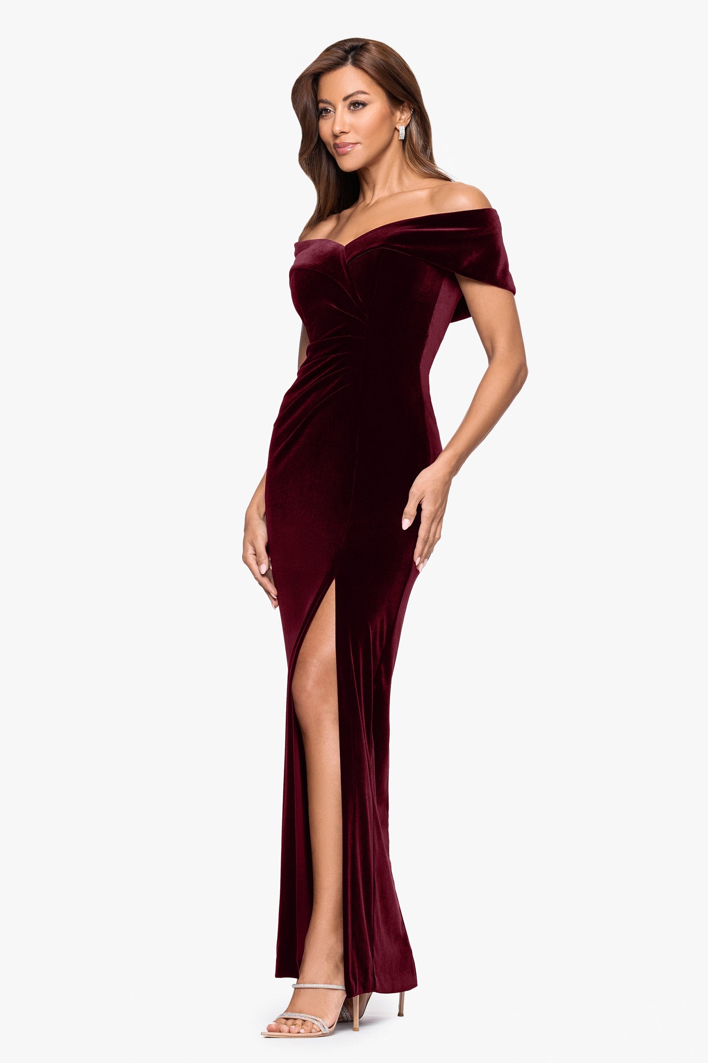 "Charmaine" Velvet Off The Shoulder Gown Burgundy XSCAPE