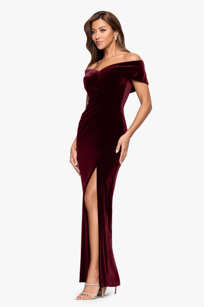 "Charmaine" Velvet Off The Shoulder Gown Burgundy XSCAPE