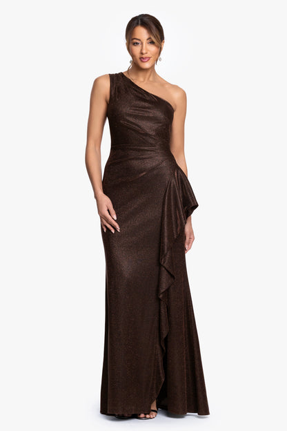 "Shannon" Galaxy Glitter One Shoulder Ruffle Dress Brown XSCAPE