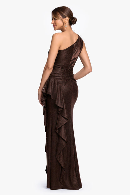"Shannon" Galaxy Glitter One Shoulder Ruffle Dress Brown XSCAPE