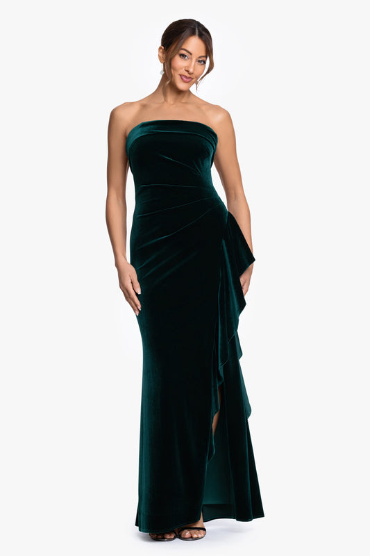 "Dillon" Stretch Velvet Strapless Dress Hunter XSCAPE
