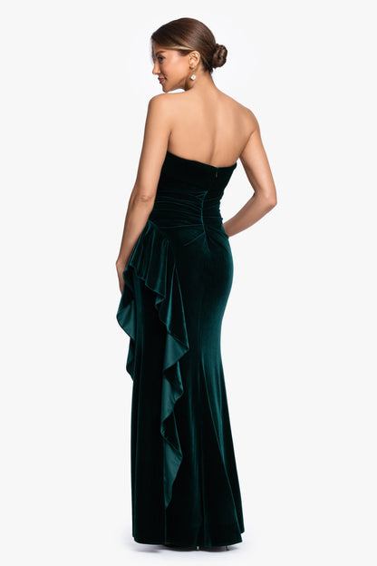 "Dillon" Stretch Velvet Strapless Dress Hunter XSCAPE