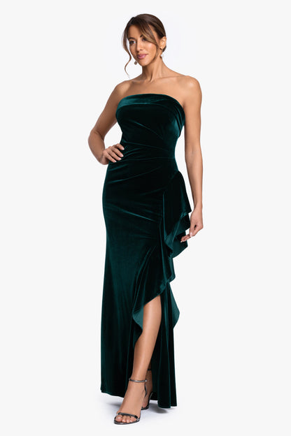 "Dillon" Stretch Velvet Strapless Dress Hunter XSCAPE