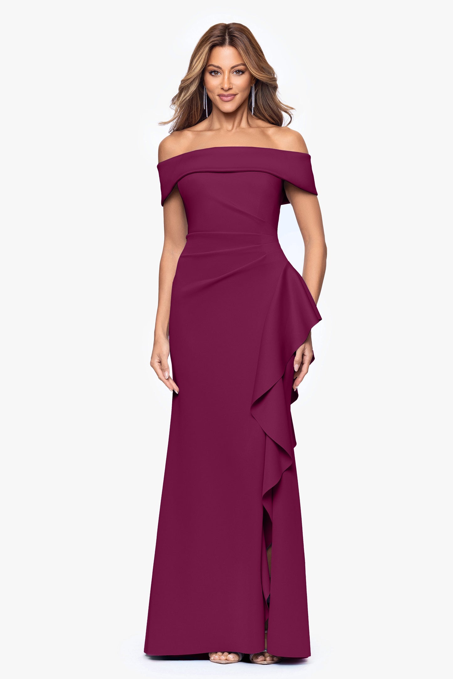 Petite "Dolly" Techno Scuba Off the Shoulder Ruffle Dress Raisin XSCAPE
