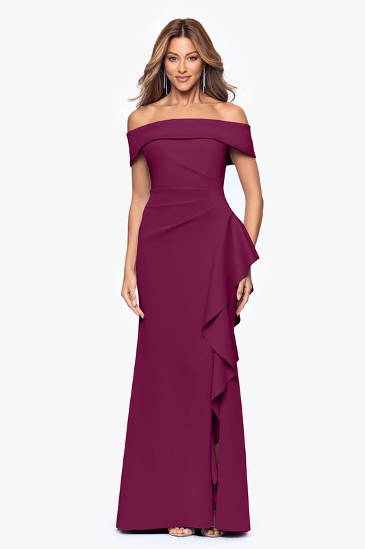 Petite "Dolly" Techno Scuba Off the Shoulder Ruffle Dress Raisin XSCAPE