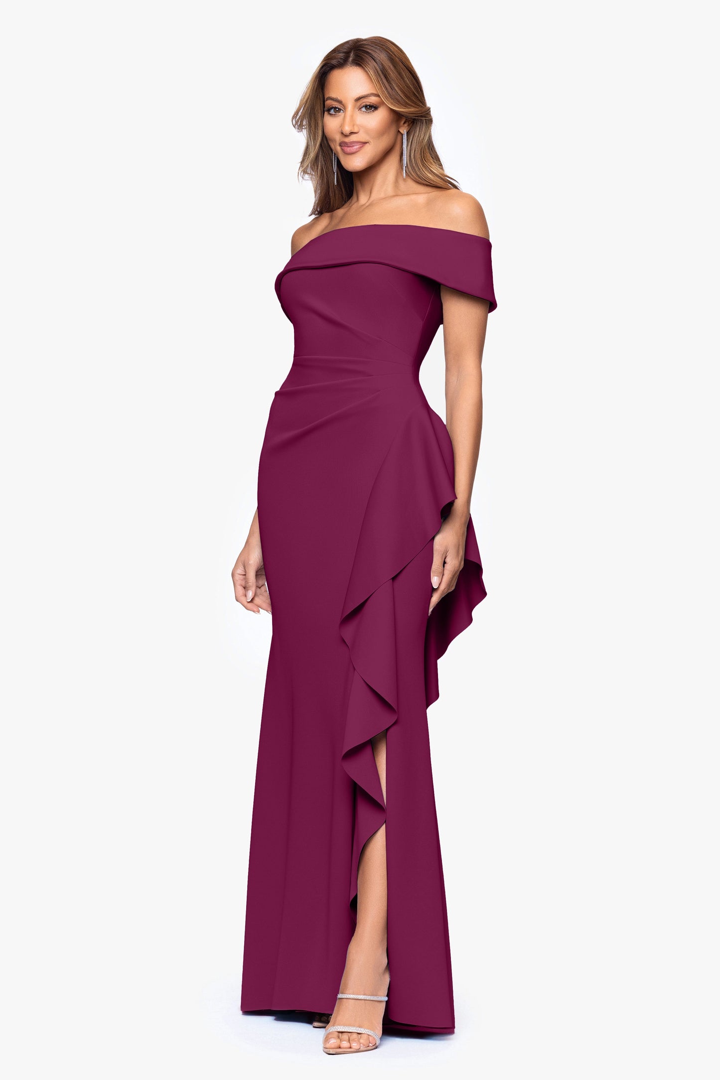 Petite "Dolly" Techno Scuba Off the Shoulder Ruffle Dress Raisin XSCAPE