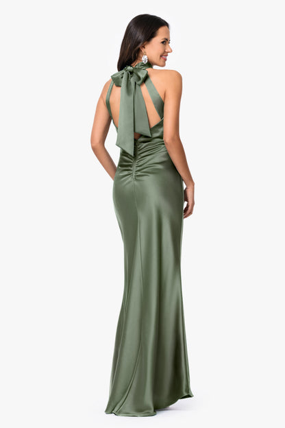 Petite "Ruth" Satin High Tie Neck Backless Dress Olive XSCAPE