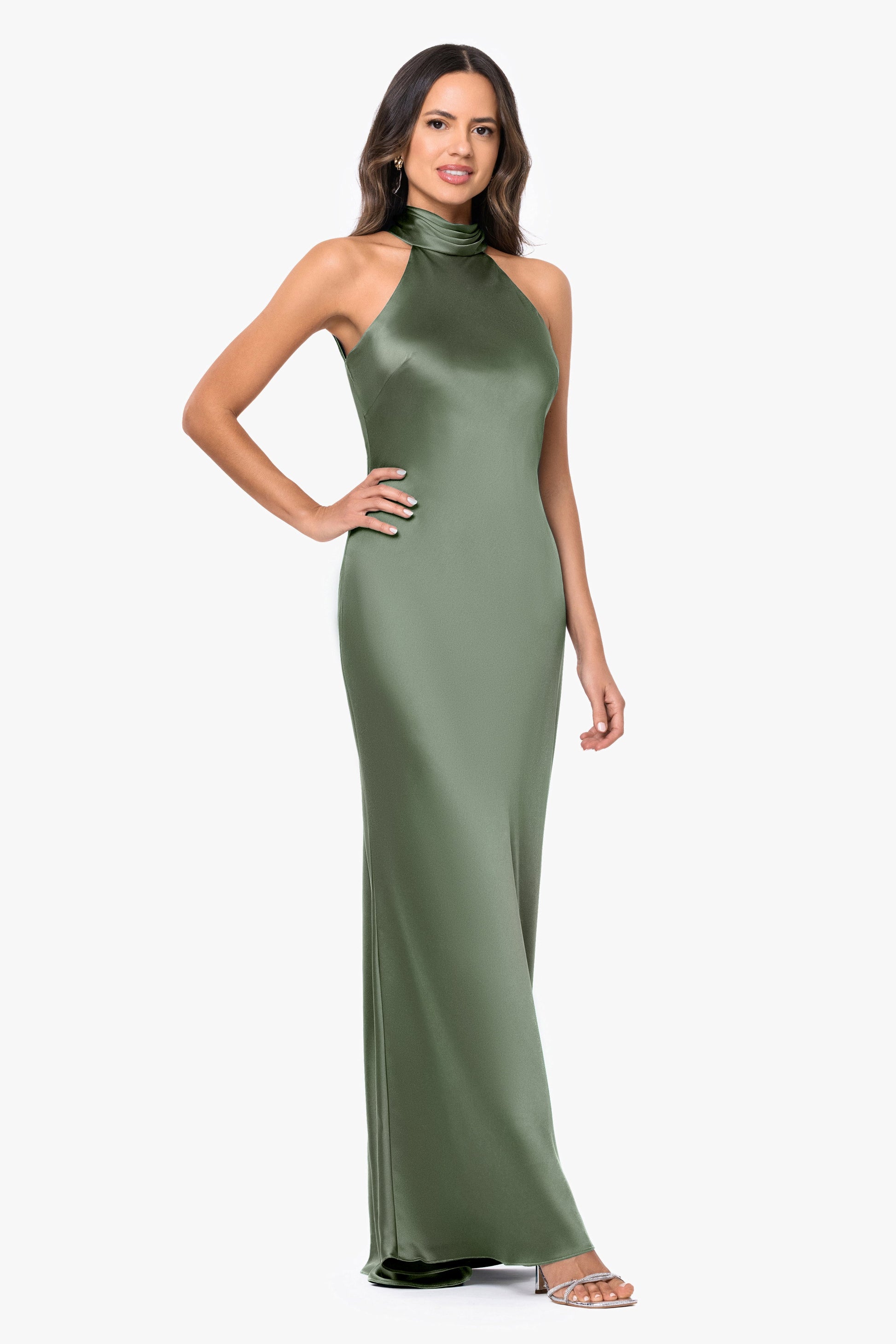 Petite "Ruth" Satin High Tie Neck Backless Dress Olive XSCAPE