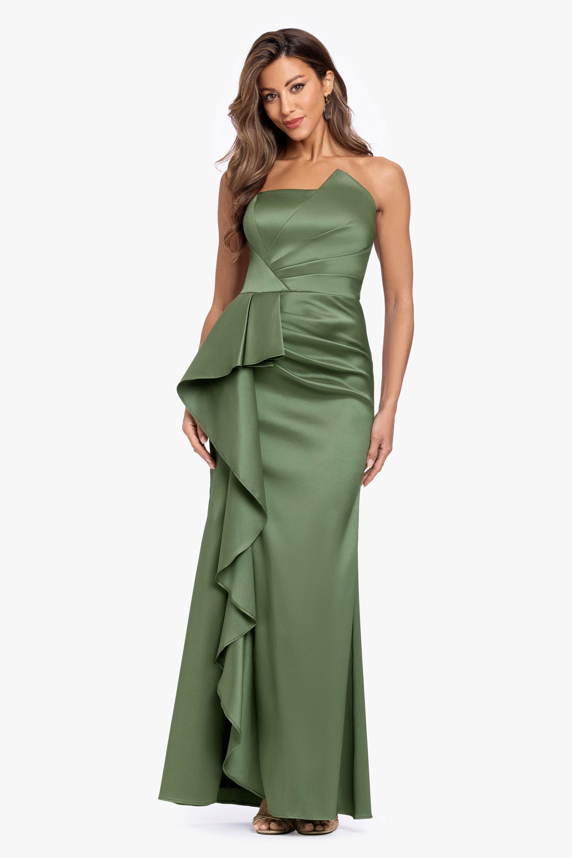 "Effie" Mikado Asymmetrical Strapless Dress Olive XSCAPE