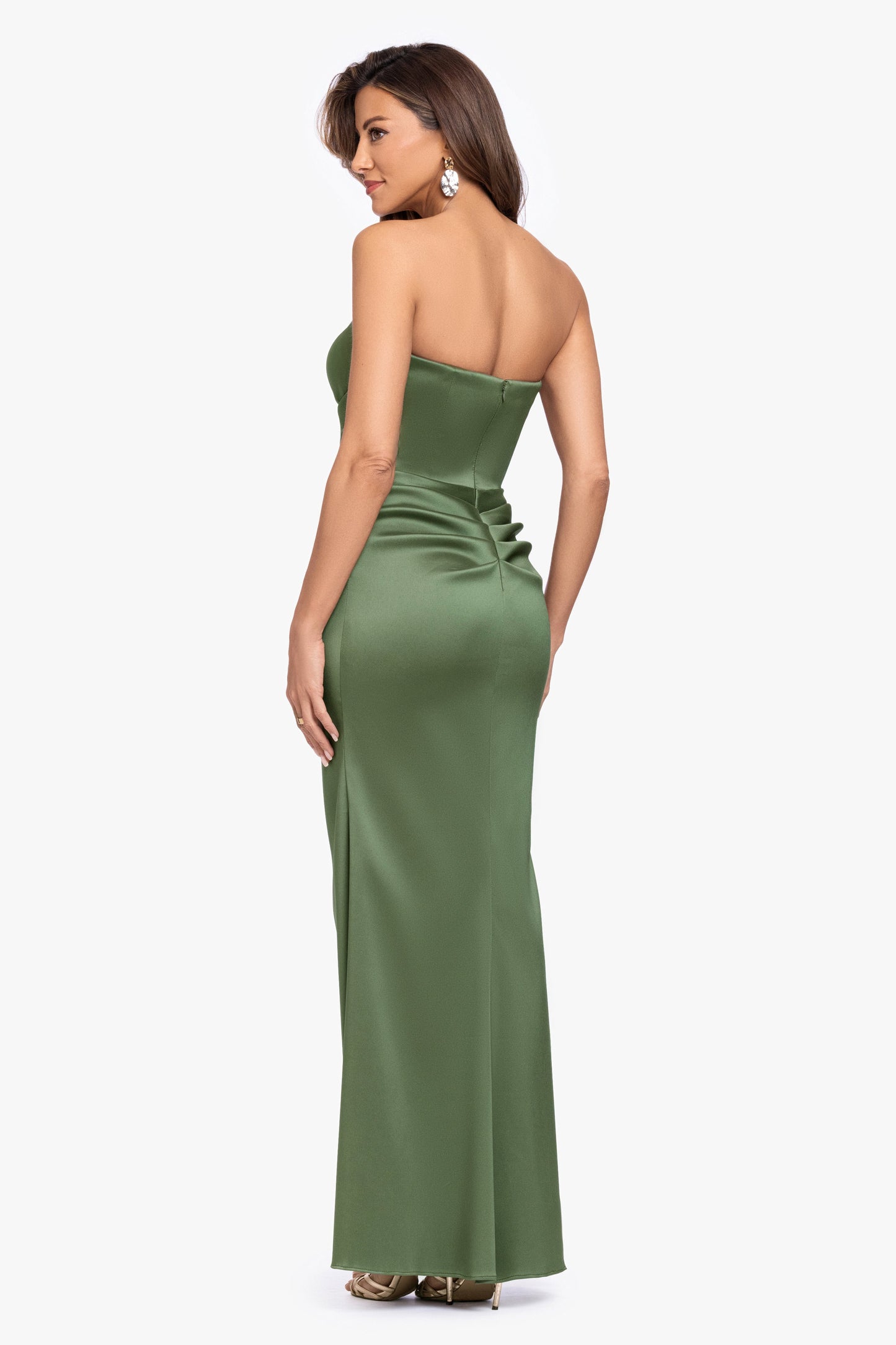 "Effie" Mikado Asymmetrical Strapless Dress Olive XSCAPE