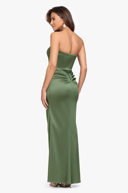 "Effie" Mikado Asymmetrical Strapless Dress Olive XSCAPE
