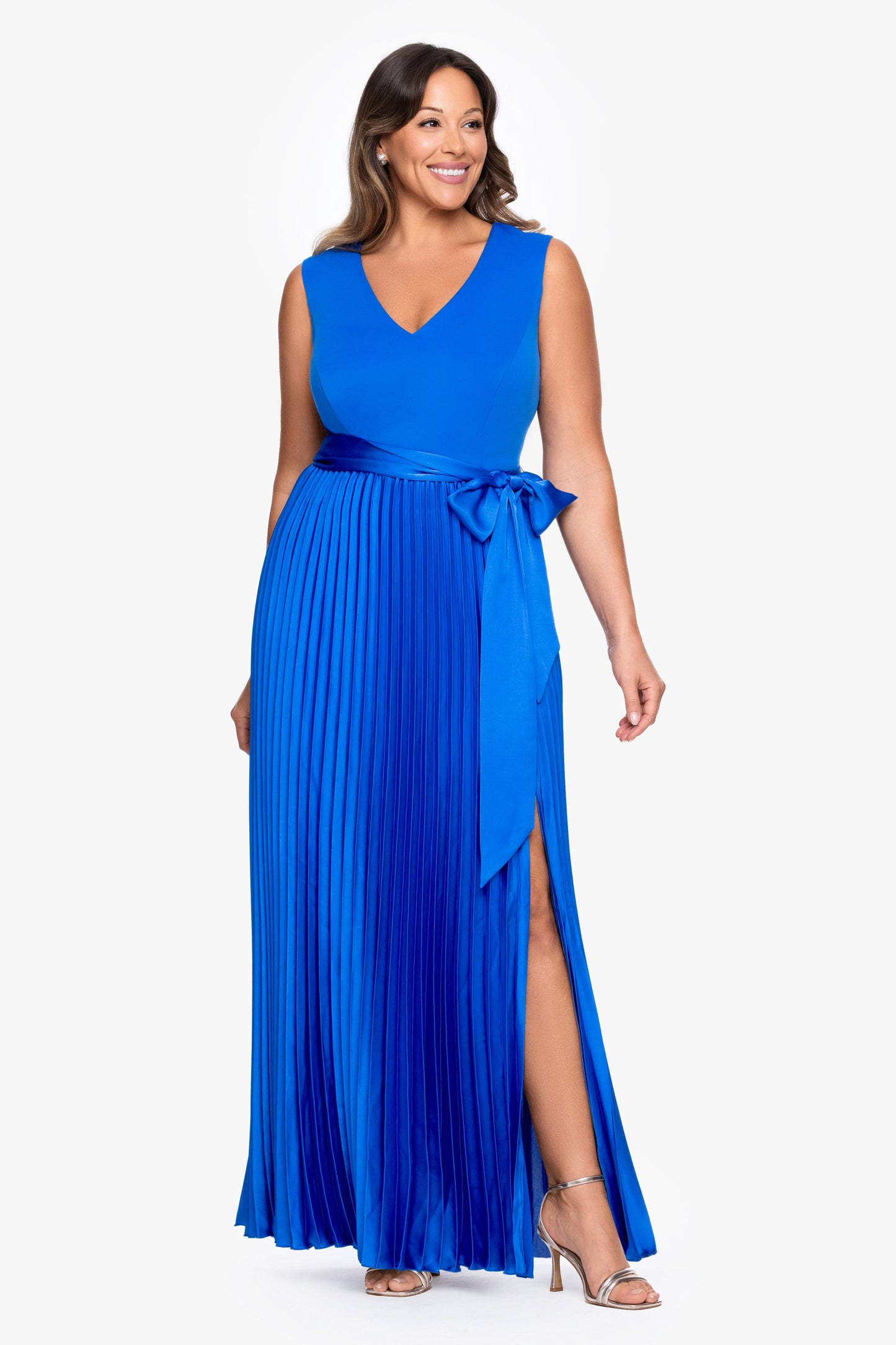 Plus "Cypress" Techno Scuba & Satin Pleated Tie Skirt Dress Cobalt XSCAPE