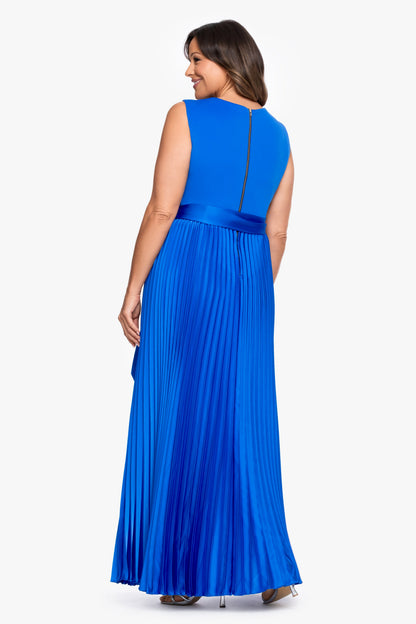 Plus "Cypress" Techno Scuba & Satin Pleated Tie Skirt Dress Cobalt XSCAPE