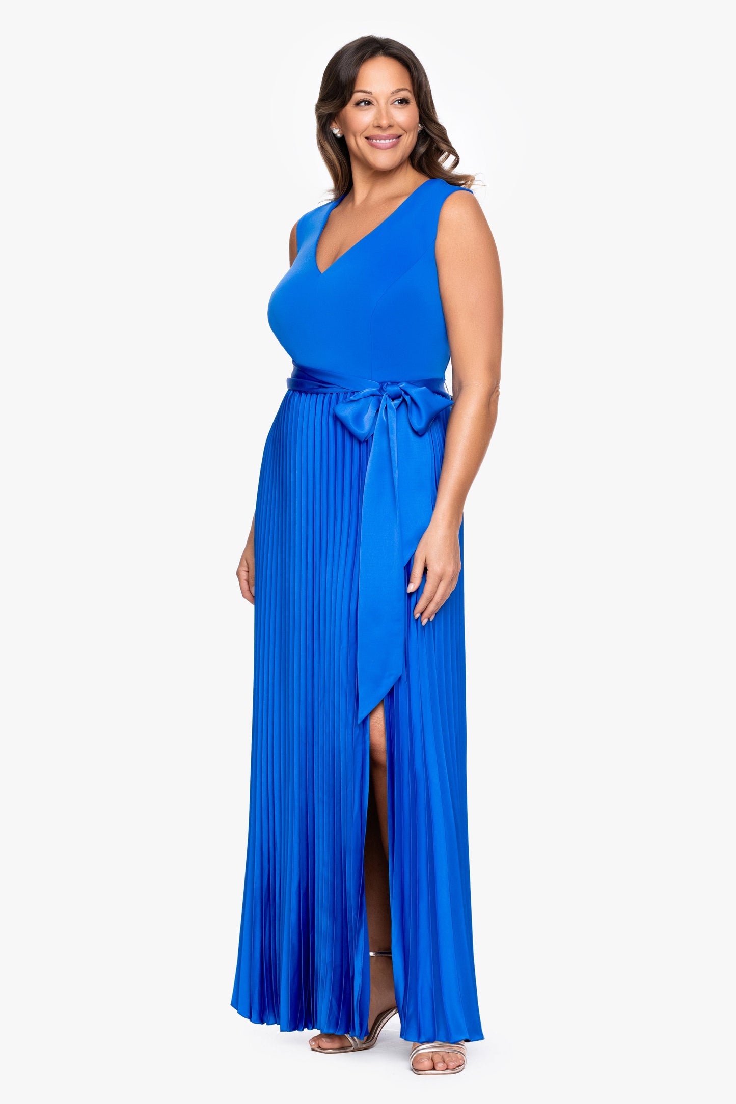 Plus "Cypress" Techno Scuba & Satin Pleated Tie Skirt Dress Cobalt XSCAPE
