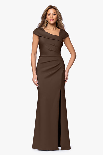 "Lenore" Techno Scuba Asymmetrical Neckline Dress Brown XSCAPE