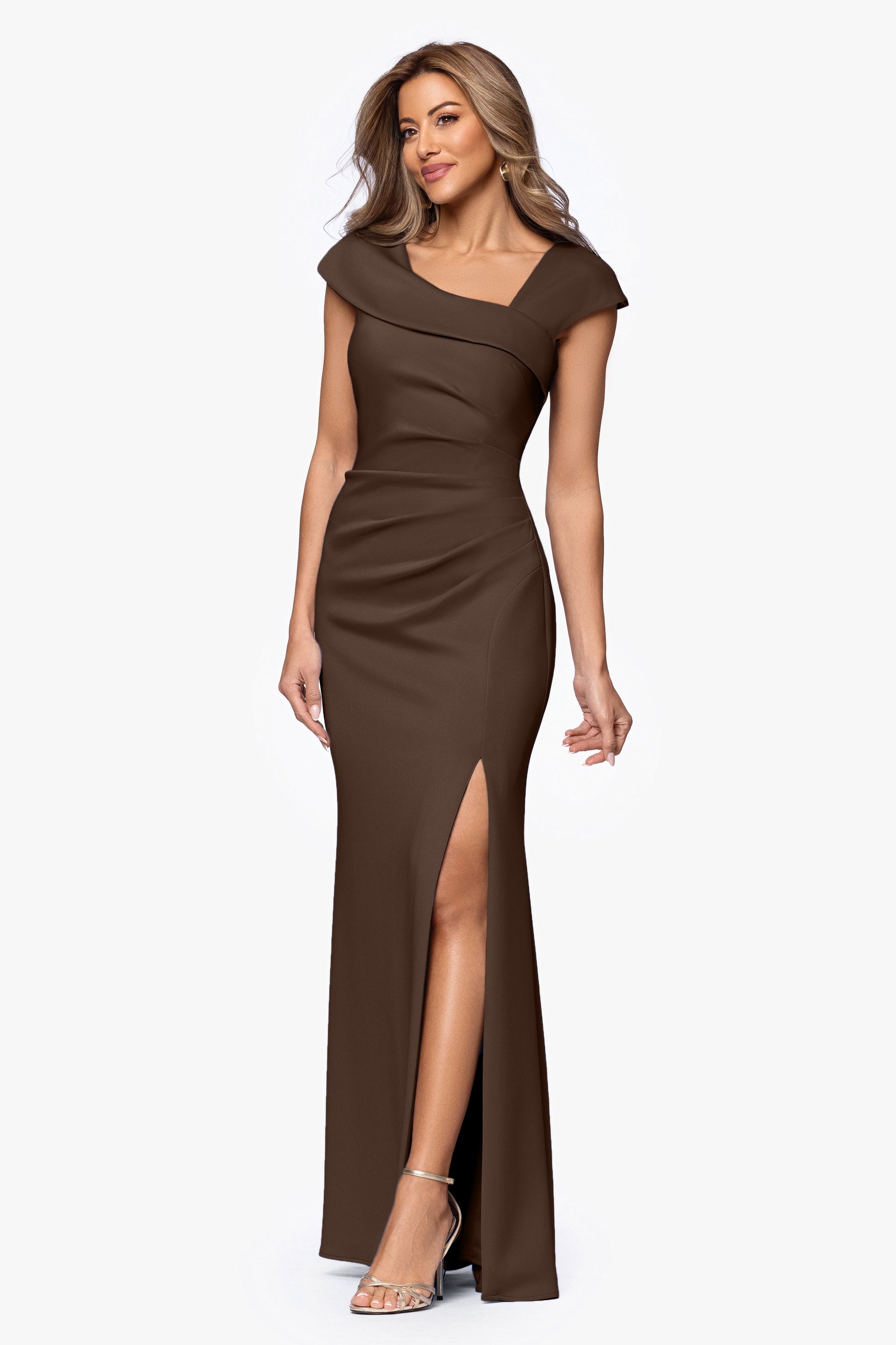 "Lenore" Techno Scuba Asymmetrical Neckline Dress Brown XSCAPE