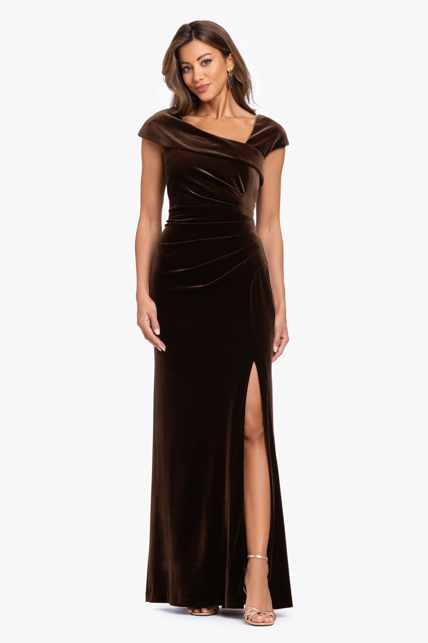 "Katrina" Velvet Asymmetrical Neckline Cap Sleeve Dress Brown XSCAPE