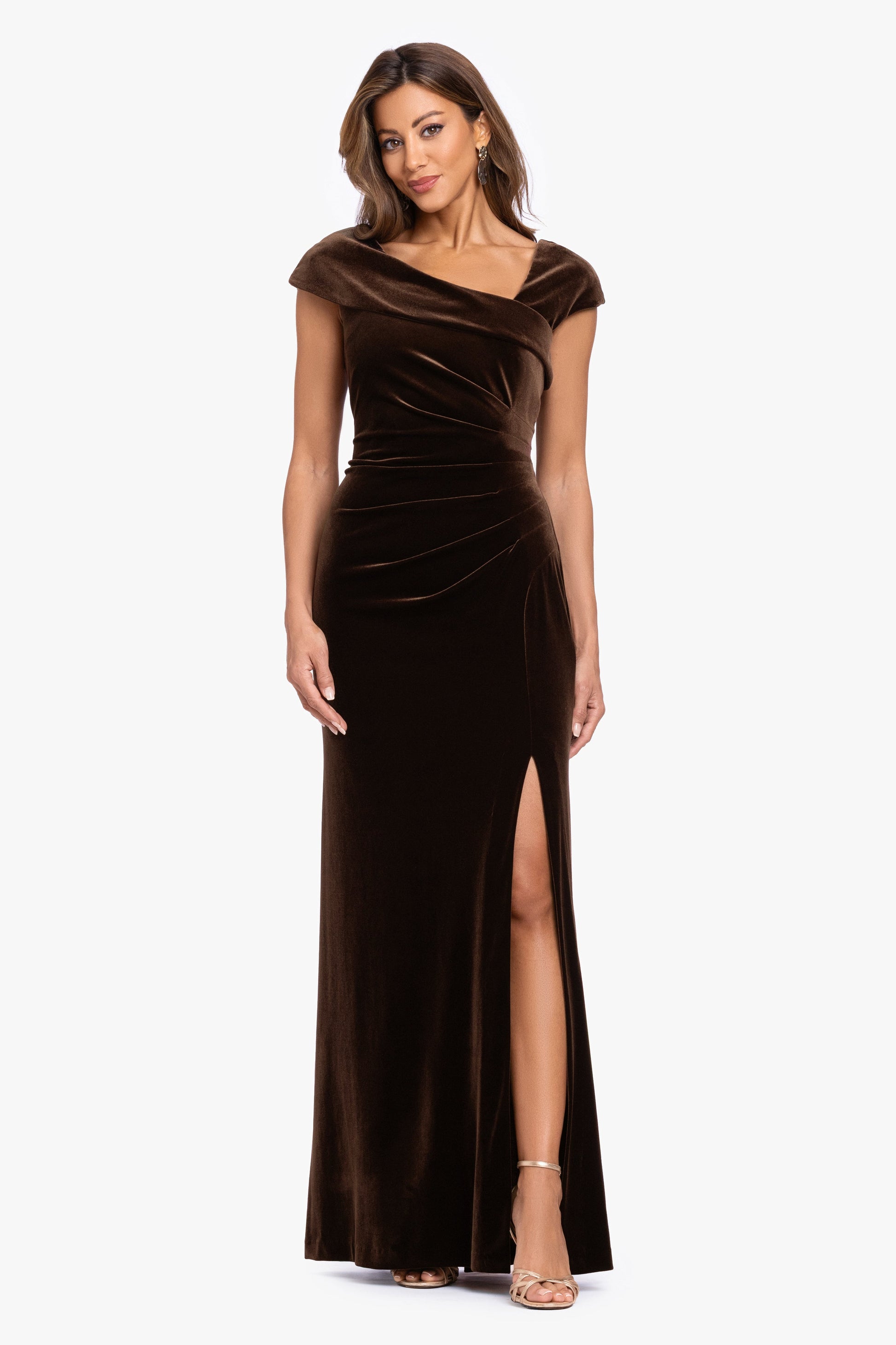 "Katrina" Velvet Asymmetrical Neckline Cap Sleeve Dress Brown XSCAPE