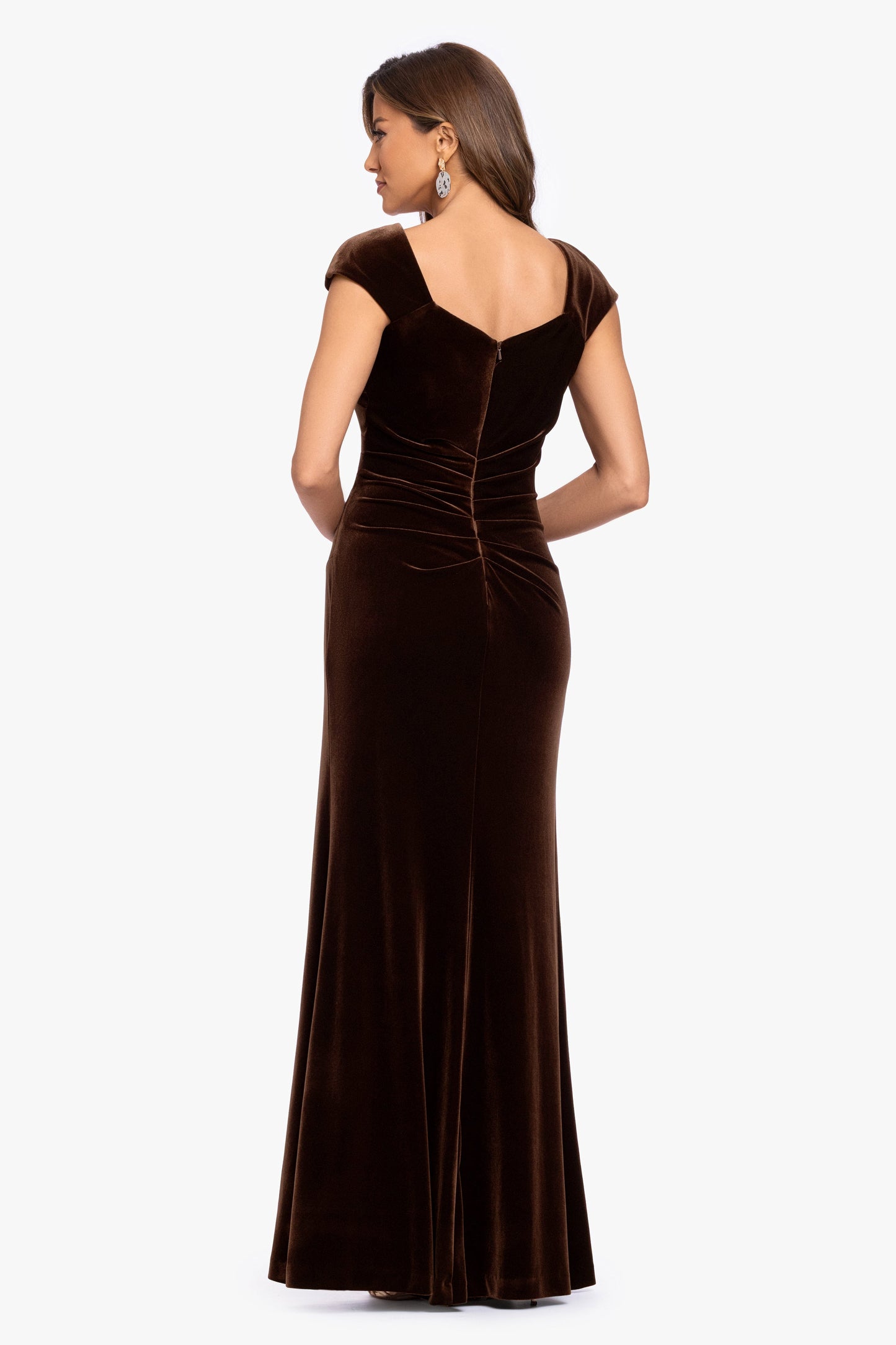 "Katrina" Velvet Asymmetrical Neckline Cap Sleeve Dress Brown XSCAPE