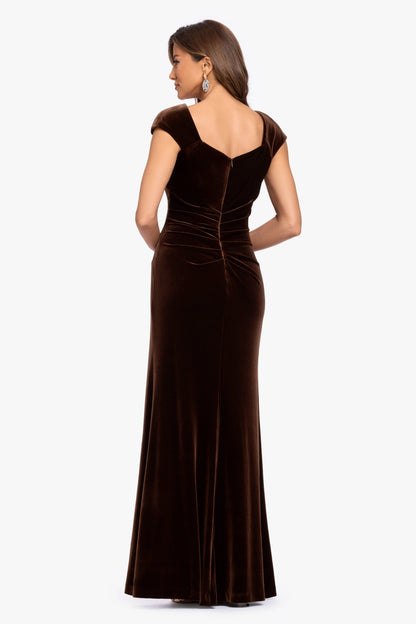 "Katrina" Velvet Asymmetrical Neckline Cap Sleeve Dress Brown XSCAPE