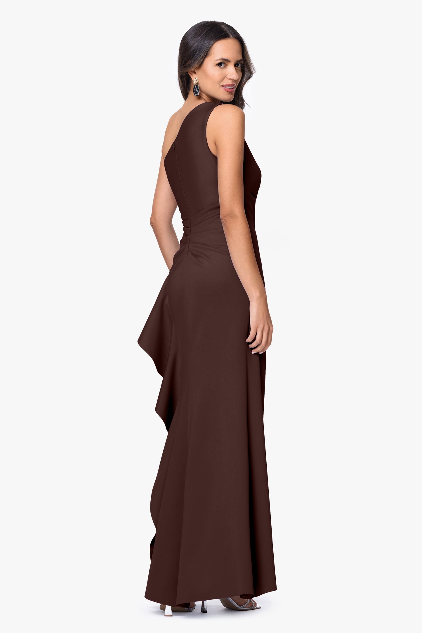 "Flo" Long Techno Scuba One Shoulder Ruffle Dress Brown XSCAPE