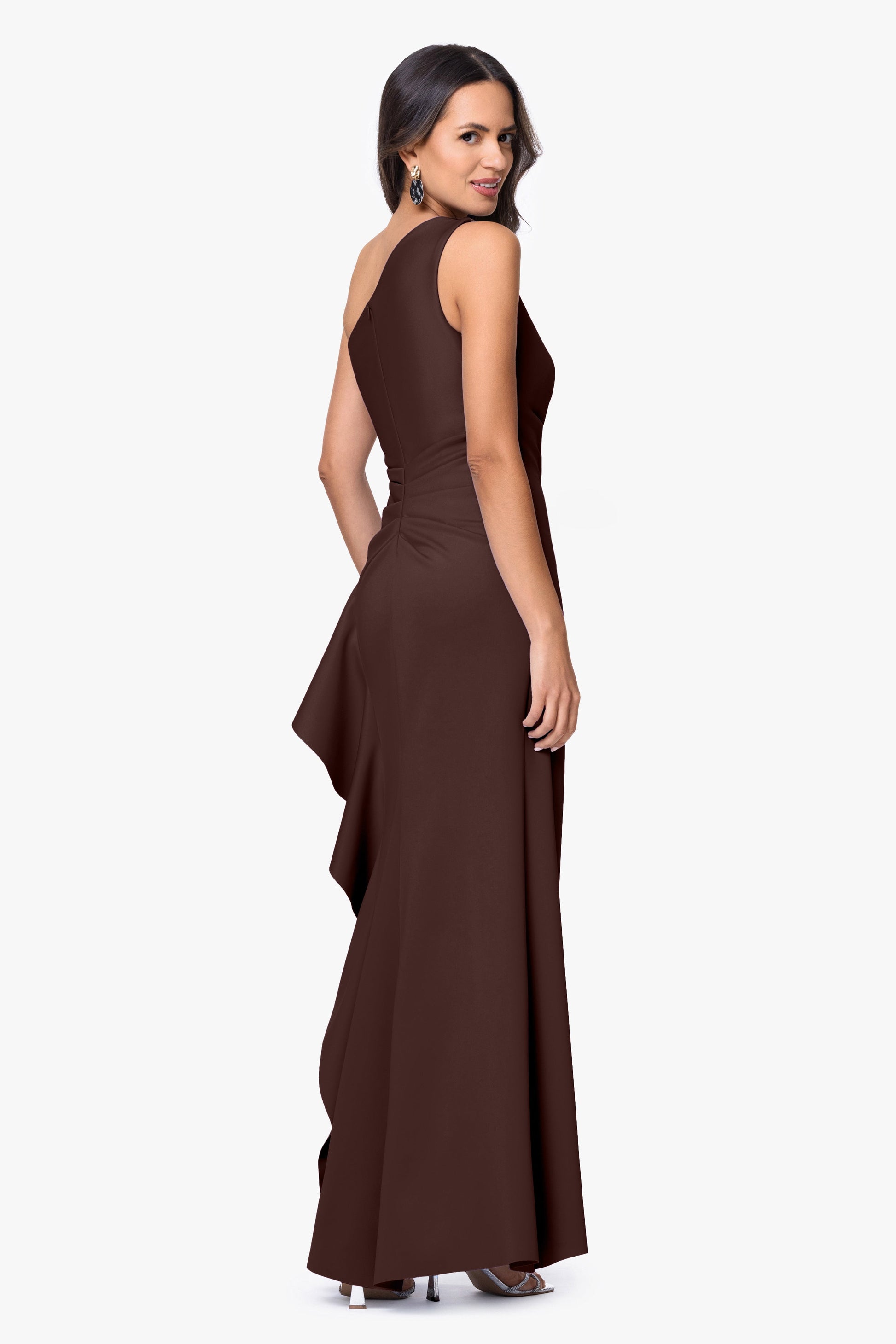 "Flo" Long Techno Scuba One Shoulder Ruffle Dress Brown XSCAPE