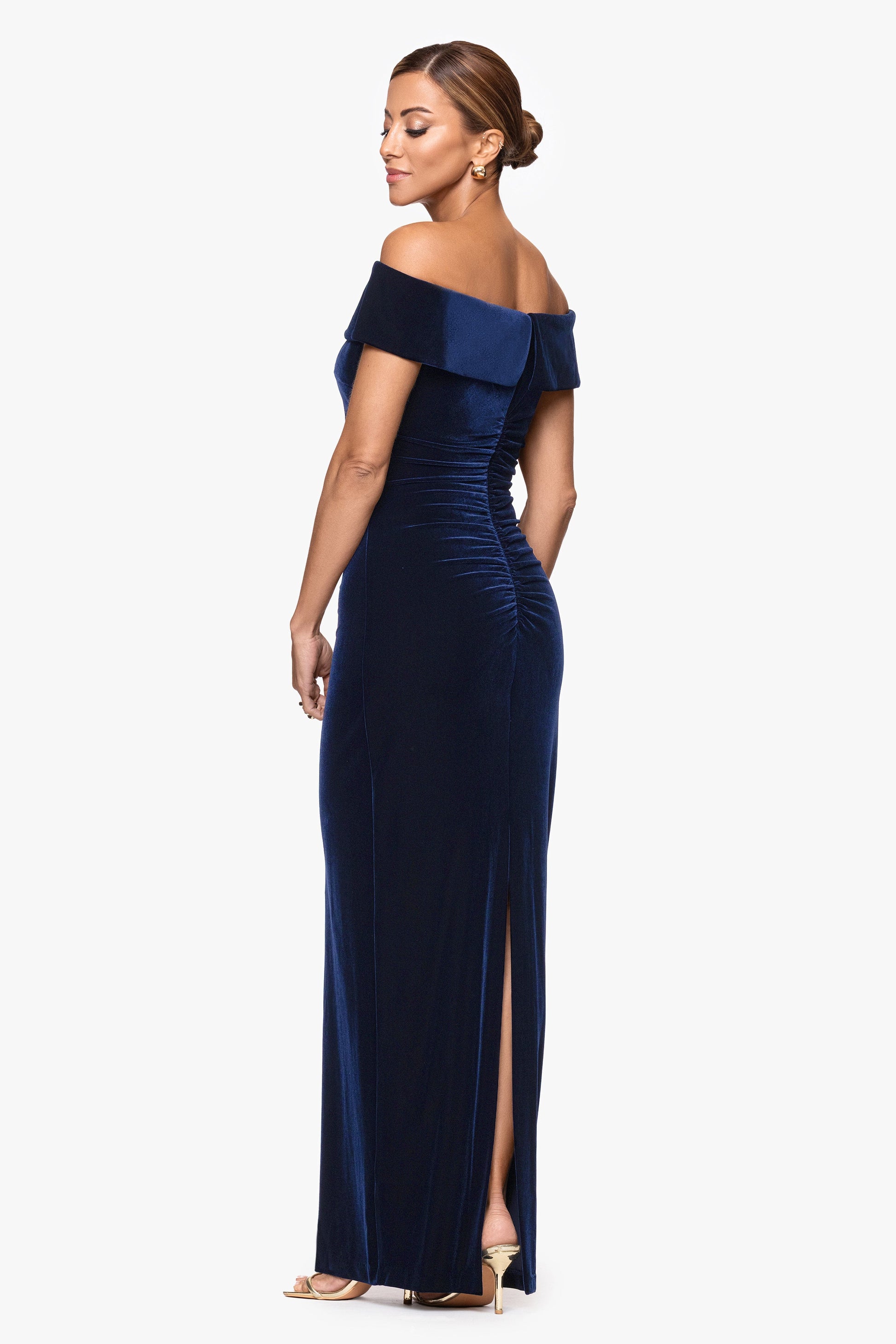 "Lori" Velvet Off The Shoulder Ruched Dress Navy XSCAPE