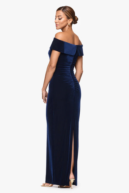 "Lori" Velvet Off The Shoulder Ruched Dress Navy XSCAPE