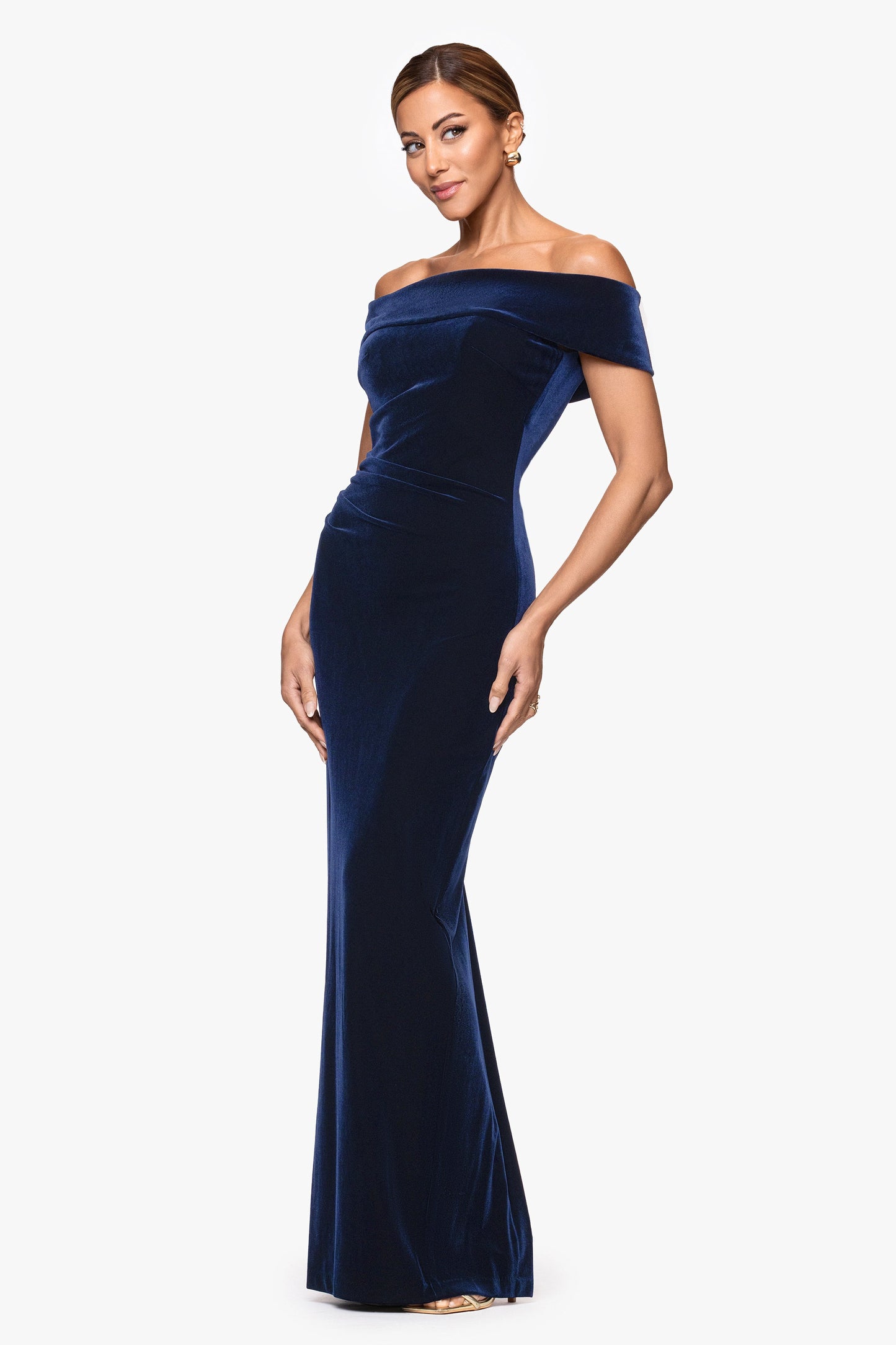 "Lori" Velvet Off The Shoulder Ruched Dress Navy XSCAPE