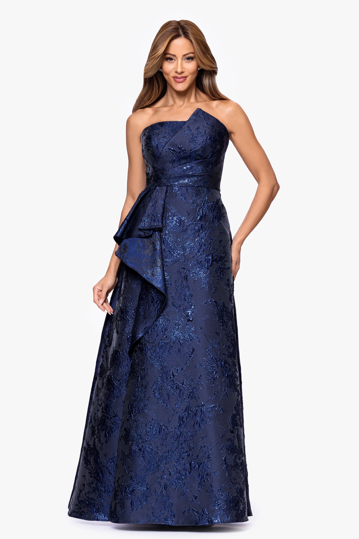 "Emelia" Brocade Strapless Ruffle Dress Navy XSCAPE