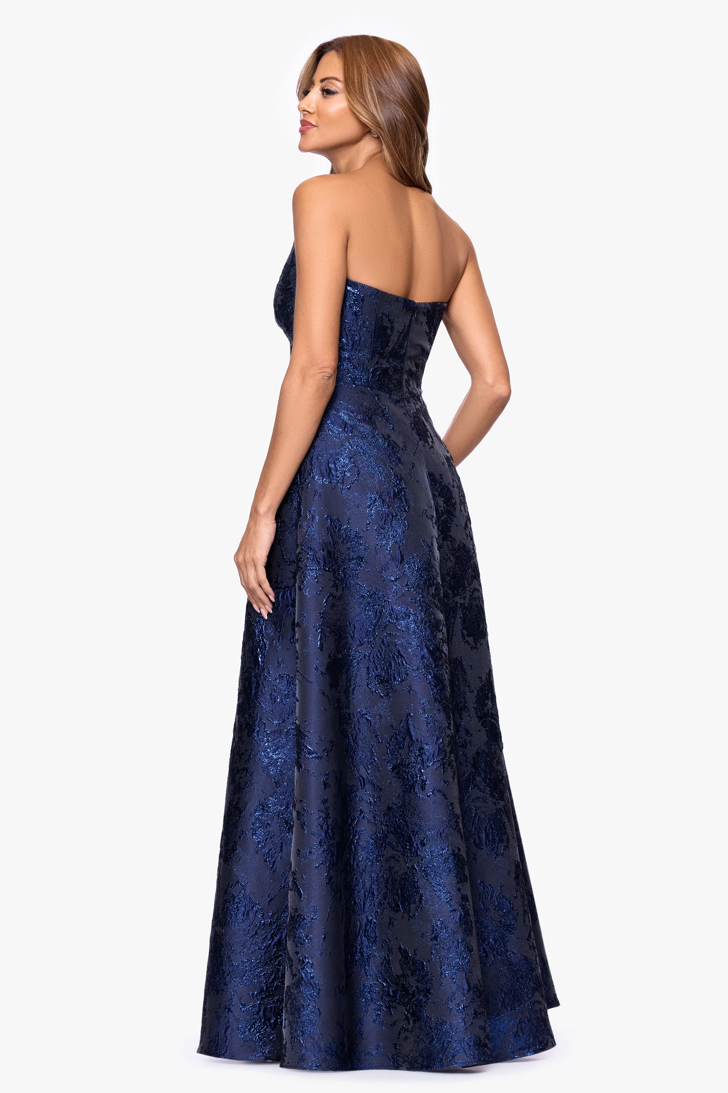 "Emelia" Brocade Strapless Ruffle Dress Navy XSCAPE